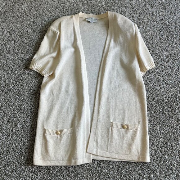 St. John Collection Sz Large Cream Knit Open Front Cardigan With Short Sleeves - Picture 2 of 11